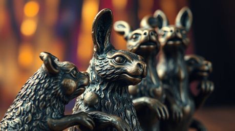 Discover an extraordinary extreme macro close-up of a cast bronze sculpture depicting a vibrant animal disco party.  The imag