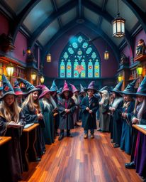 Explore a captivating high-resolution stock photo featuring a magical school brimming with young wizards. This commercially s