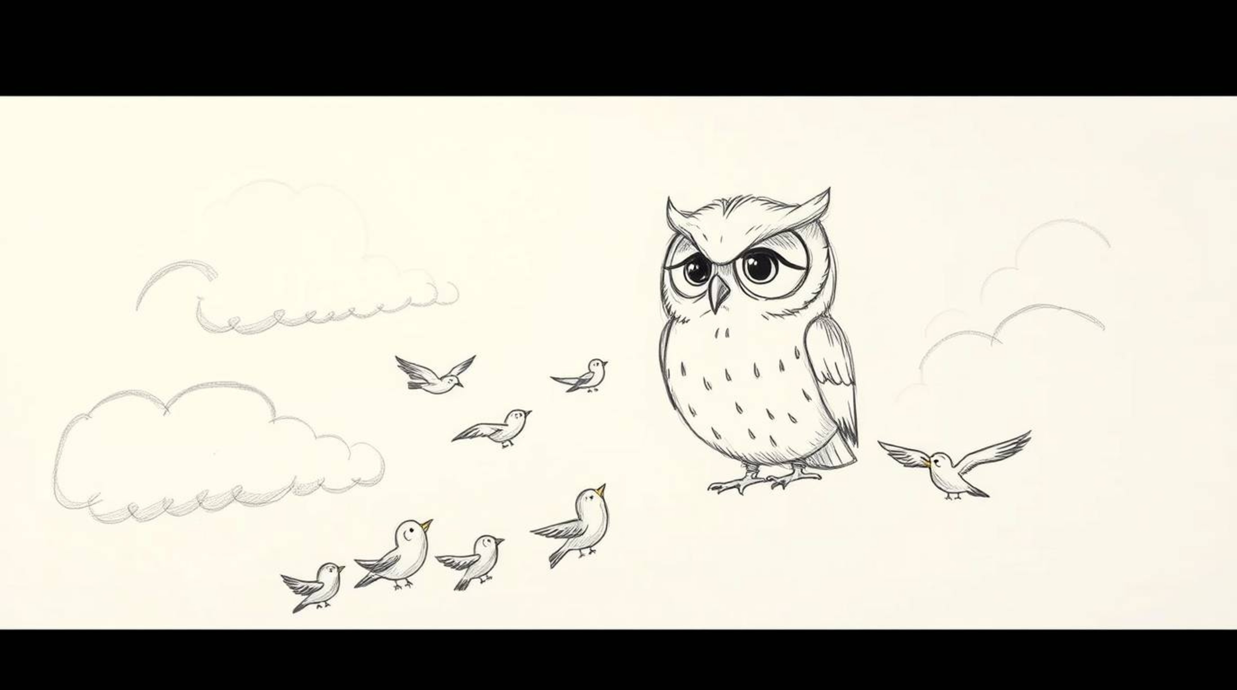 A heartwarming hand-drawn sketch reminiscent of Pixar, showcasing a sightless owl with gentle plumage and emotionally rich ey