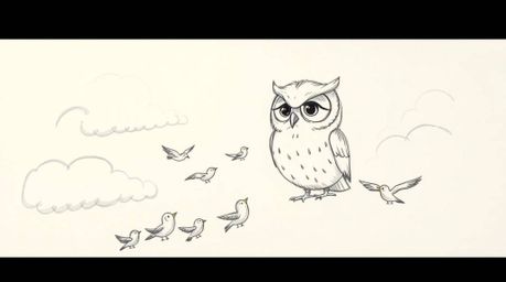 A heartwarming hand-drawn sketch reminiscent of Pixar, showcasing a sightless owl with gentle plumage and emotionally rich ey