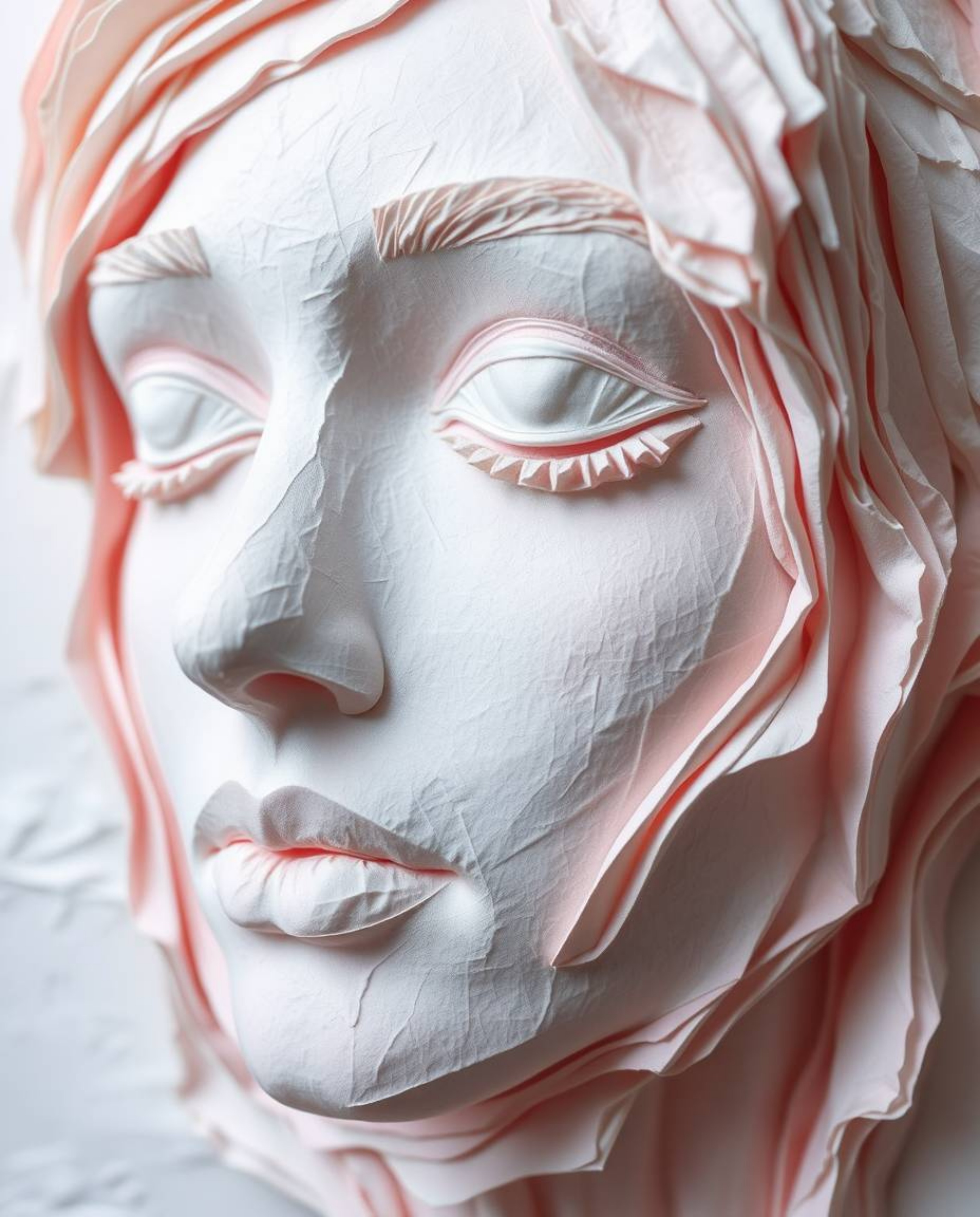 Explore the captivating fusion of traditional and digital art.  Layered papier-mâché sculptures, rendered in soft pastel colo