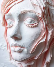 Explore the captivating fusion of traditional and digital art.  Layered papier-mâché sculptures, rendered in soft pastel colo