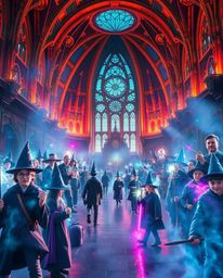 Discover a breathtaking visual of a grand magical school brimming with young wizards.  This epic scene is rendered in iridesc