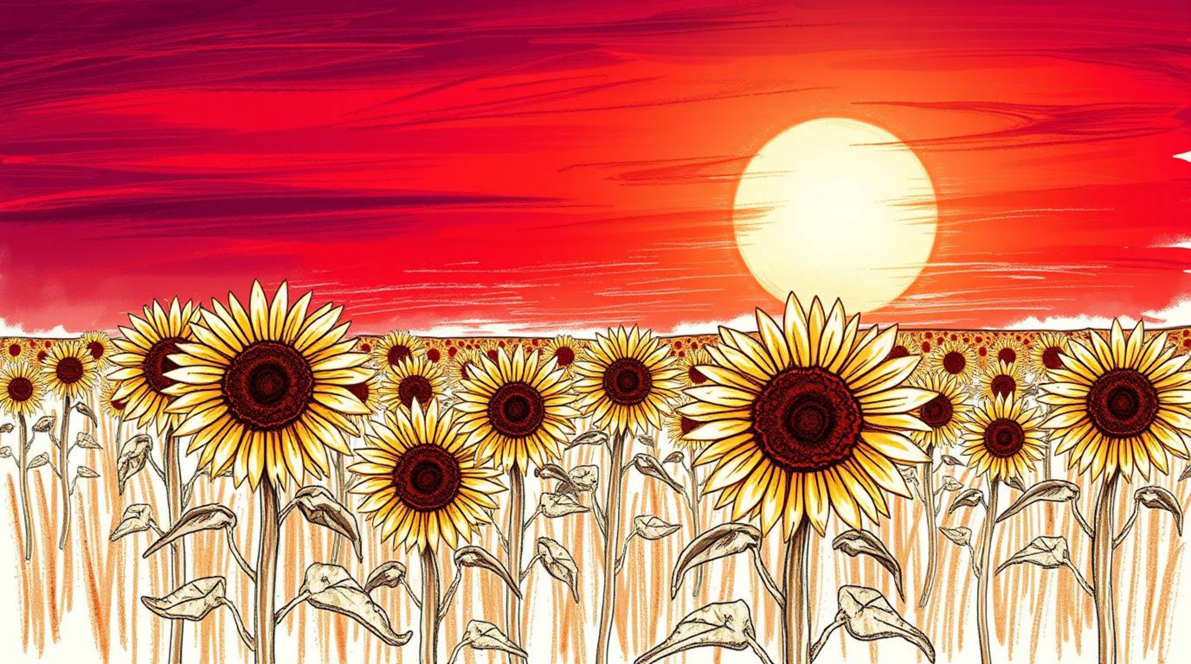 A captivating hand-drawn sketch depicts a vibrant sunflower field bathed in the warm glow of a deep red and purple sunset.  T