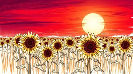 A captivating hand-drawn sketch depicts a vibrant sunflower field bathed in the warm glow of a deep red and purple sunset.  T