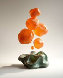 This cast bronze sculpture evokes a soft, dreamy atmosphere with floating 3D blobs of vibrant, fluid jelly and synthetic text
