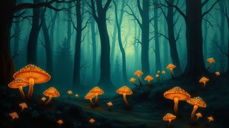 Immerse yourself in a vintage-style enchanted forest brought to life with rich deep teal hues and dramatic chiaroscuro lighti
