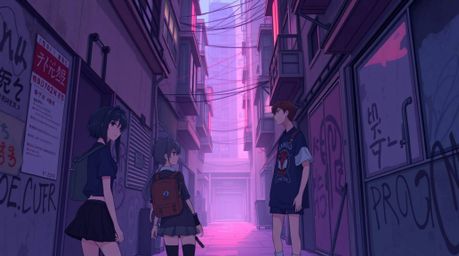 Explore a grungy city alley brought to life with the vibrant energy of rebellious teens in an Isekai anime style. Gentle colo