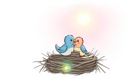 A charming hand-drawn animation featuring two cartoon birds diligently building a nest.  Rendered in a classic animation styl