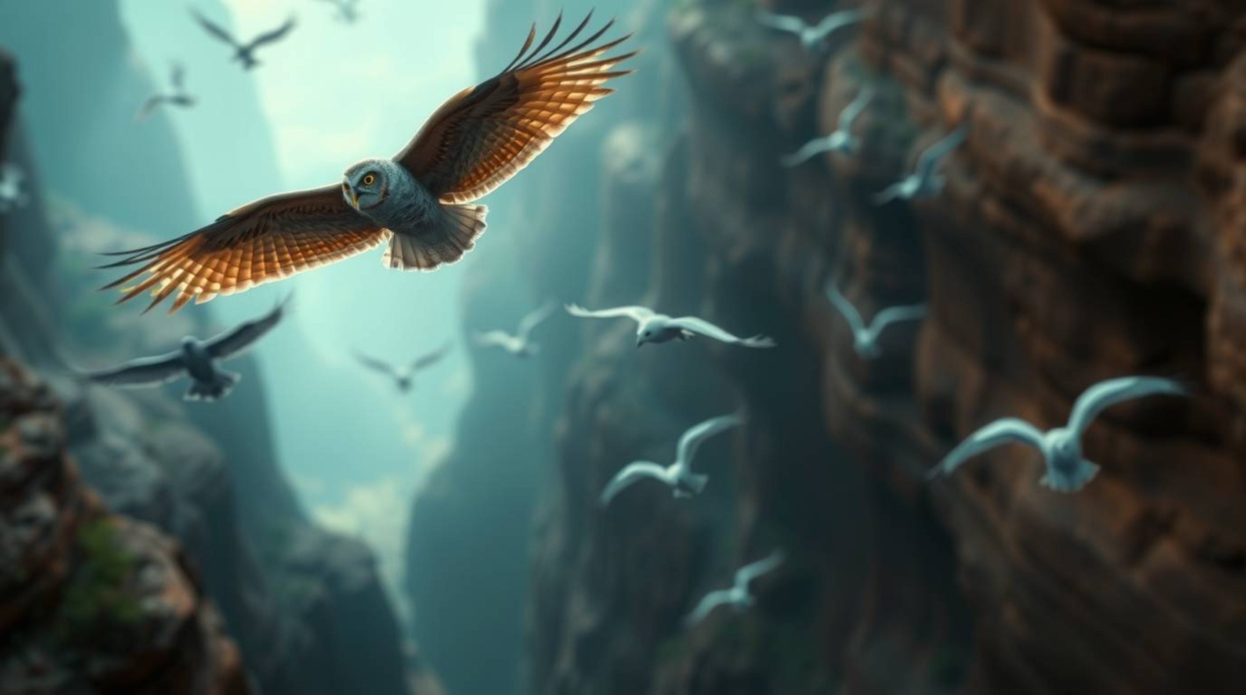 This photographic image, rendered in a heartwarming Pixar style, features a blind owl with soft, downy feathers teaching bird