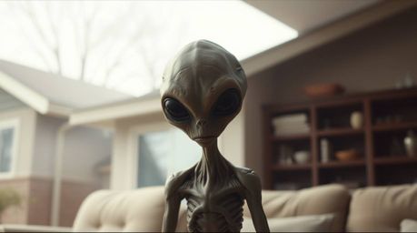 A soft, cinematic image capturing an alien residing in a typical suburban house, rendered in natural earth tones, browns, bei