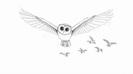 A heartwarming, hand-drawn sketch reminiscent of Pixar's style depicts a blind owl with exquisitely soft, feathery details, g
