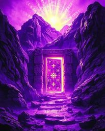 This digital painting features an ancient doorway nestled in a mountain, illuminated with glowing runes and bathed in deep ul