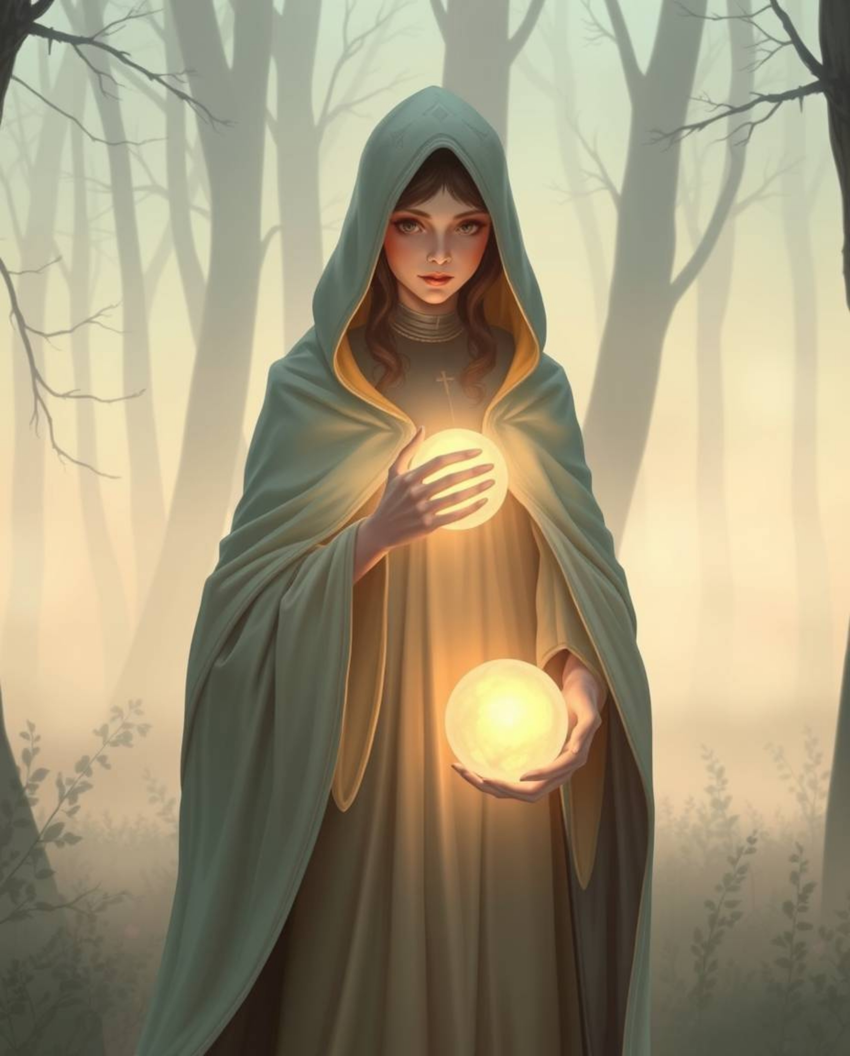 An ethereal scene unfolds within a soft, pastel mist-filled forest, where a graceful and elegant cloaked figure delicately ho