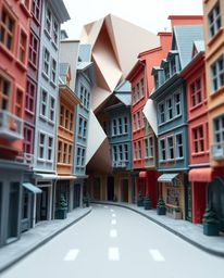 This stunning image captures a surreal street scene with buildings intricately folded and twisted in an origami style. The sc