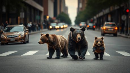 A captivating fine art photograph depicts a bear family venturing into an urban setting. The image is styled with a warm, sl