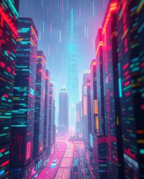A captivating close-up showcases a glitchy digital landscape featuring distorted skyscrapers and static noise.  The scene is 