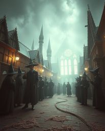 Discover a surreal infrared photograph of a magical school brimming with young wizards.  The image evokes a soft, dreamy atmo
