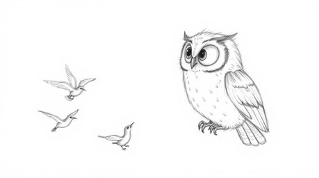 A hand-drawn sketch in the style of Pixar portrays a blind owl with soft, feathery textures as it imparts the art of flight t