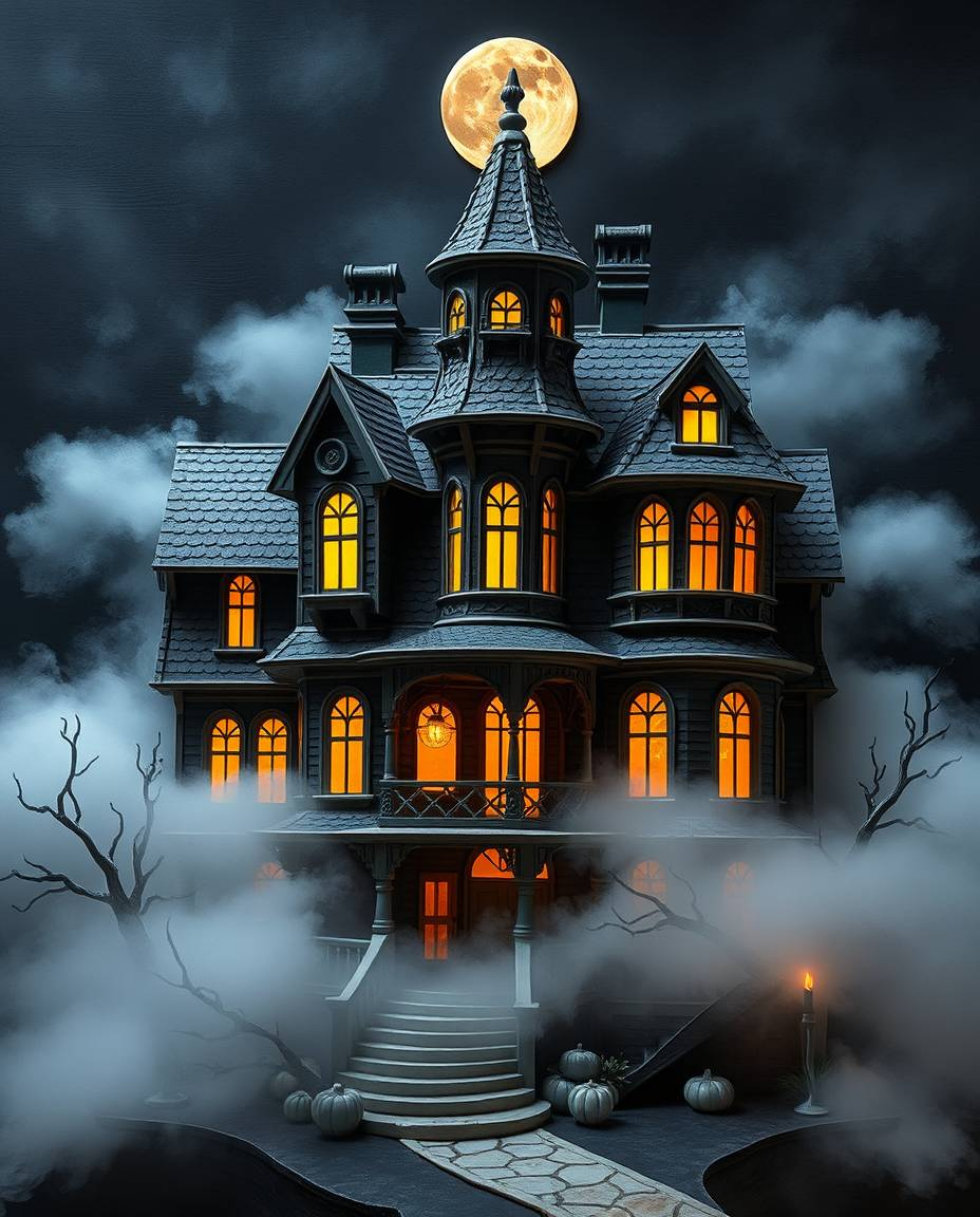 A captivating artwork showcasing a fog-covered Victorian mansion bathed in moonlight, meticulously crafted in a layered papie