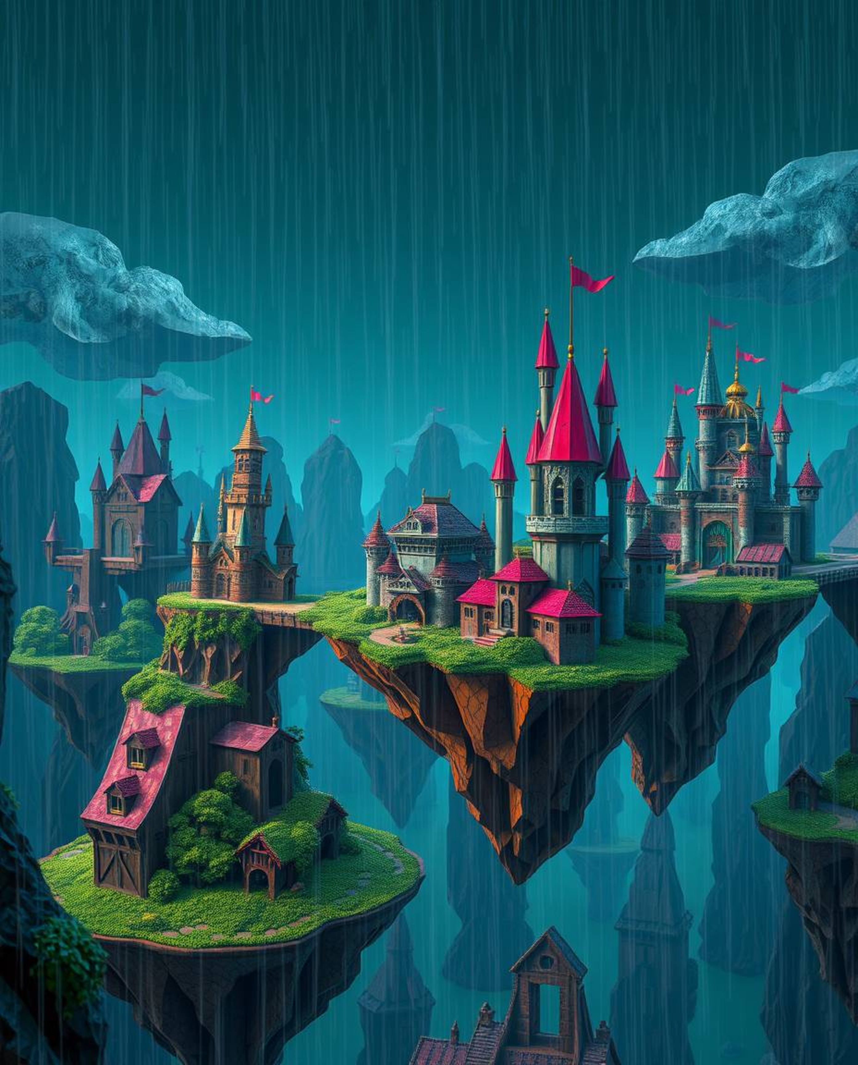 Discover a captivating and unsettling scene of a colorful kingdom with floating islands and castles, intricately rendered in 