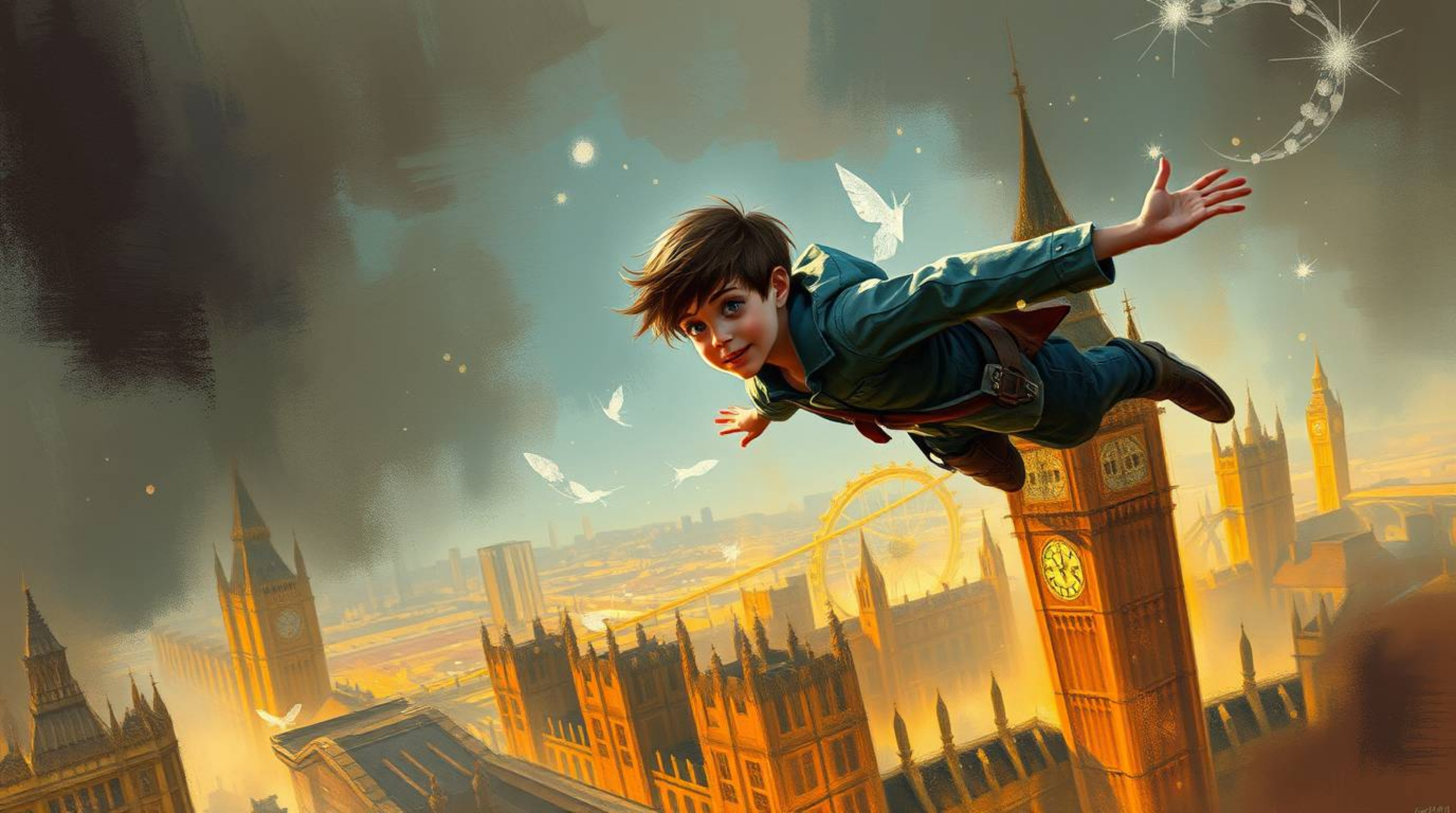 A young boy's enchanting flight above London, powered by pixie dust, is captured in a dynamic digital sketch.  The artwork fe