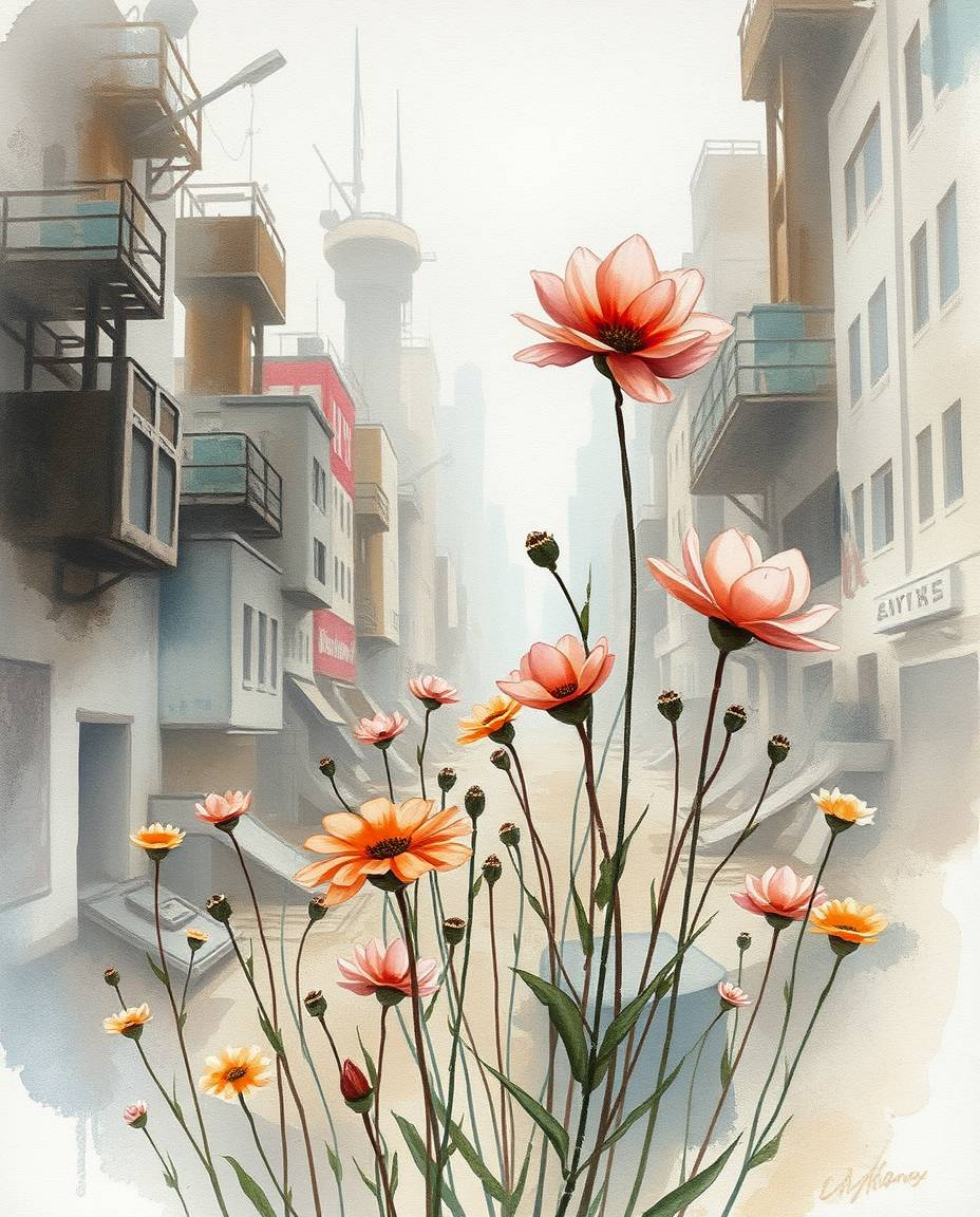 A delicate watercolor painting depicts vibrant flowers blooming amidst the ruins of a post-apocalyptic city.  The artwork fea