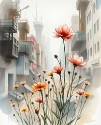 A delicate watercolor painting depicts vibrant flowers blooming amidst the ruins of a post-apocalyptic city.  The artwork fea