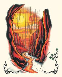 A symbolic traditional tattoo art print, set against a white background, depicts a sunset illuminating sandstone cliffs in a 