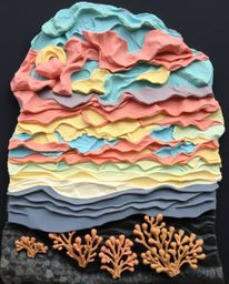 A sculpted papier-mâché artwork showcases its textured layers, depicting a colorful sky over a coral reef at low tide. This u
