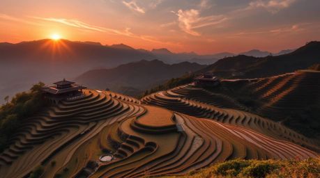 This stunning architectural color photograph captures a breathtaking sunset over lush rice terraces nestled in mountainous te