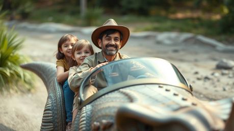 A captivating high-resolution stock photo showcases a detailed close-up of a prehistoric family enjoying a ride in a unique d