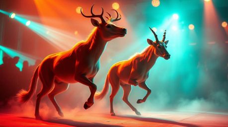 A captivating illustration depicts a graceful animal dance party bathed in warm terracotta and cool teal volumetric lighting.