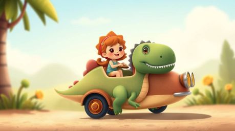 A charming animated scene depicts an adorable prehistoric family enjoying a playful ride in a cute dinosaur car.  The lighthe
