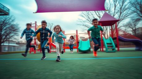 A stunning high-resolution stock photo captures a dramatic slow-motion run through a playground.  The image features a captiv