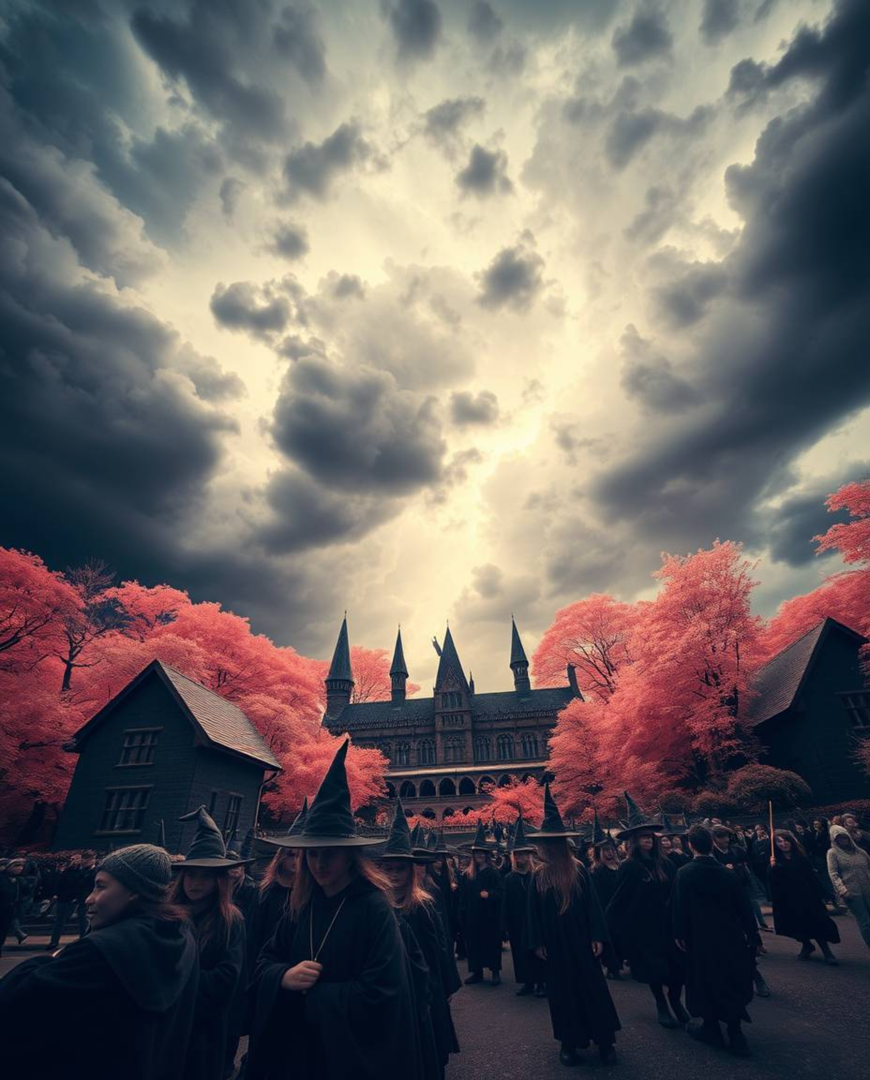 Discover a surreal infrared photograph depicting a magical school brimming with young wizards under a dramatic, stormy sky. T