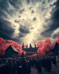 Discover a surreal infrared photograph depicting a magical school brimming with young wizards under a dramatic, stormy sky. T