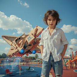 A captivating high-fashion photography shot depicts a boy with messy brown hair building an intricately detailed cardboard sp