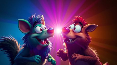 A dynamic image showcasing a duo of talking animals engaging in playful mischief. The scene bursts with vibrant colors, enhan