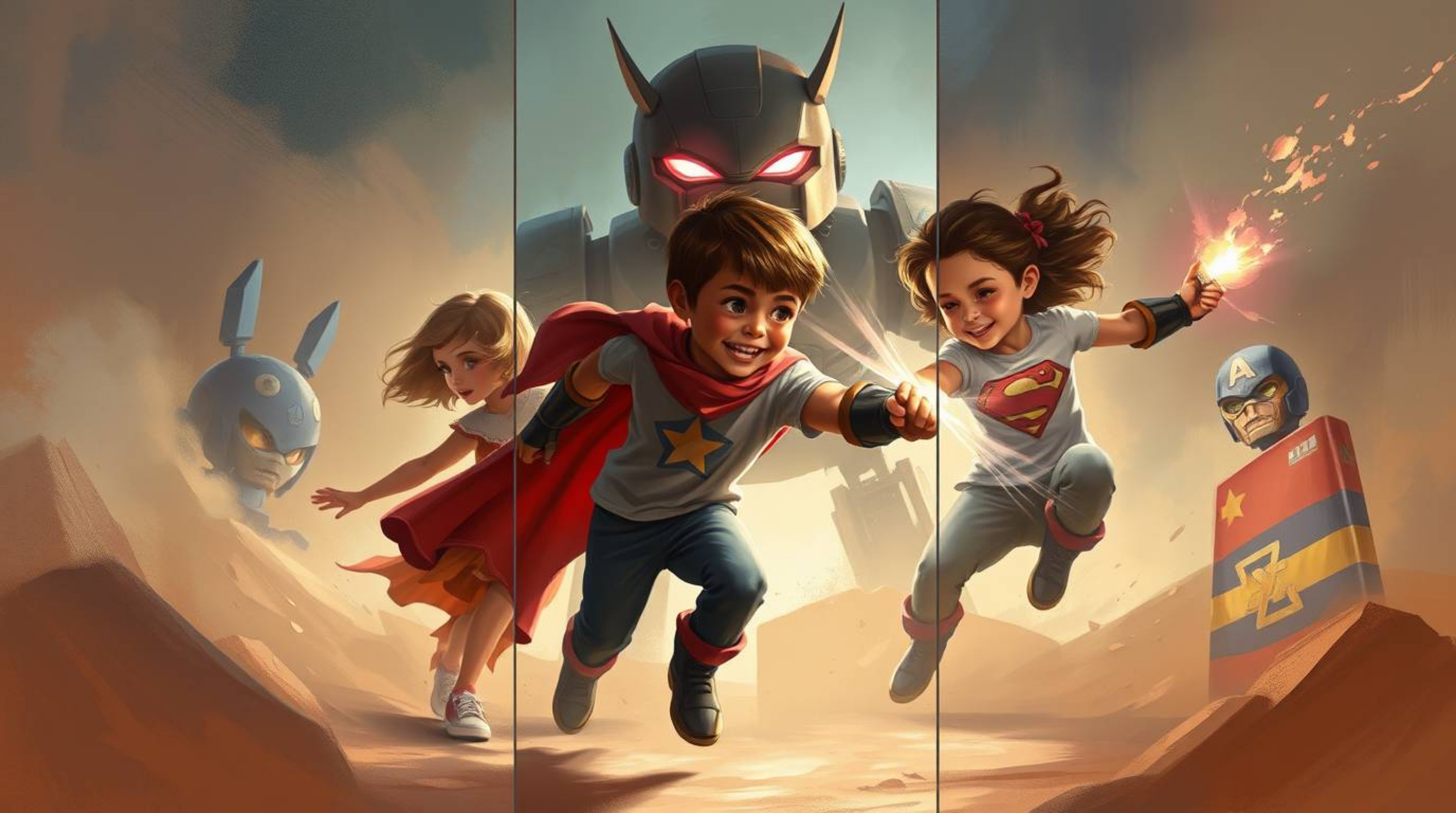 A digital painting showcasing three superpowered children engaged in a dynamic battle against a robot. The artwork is divided
