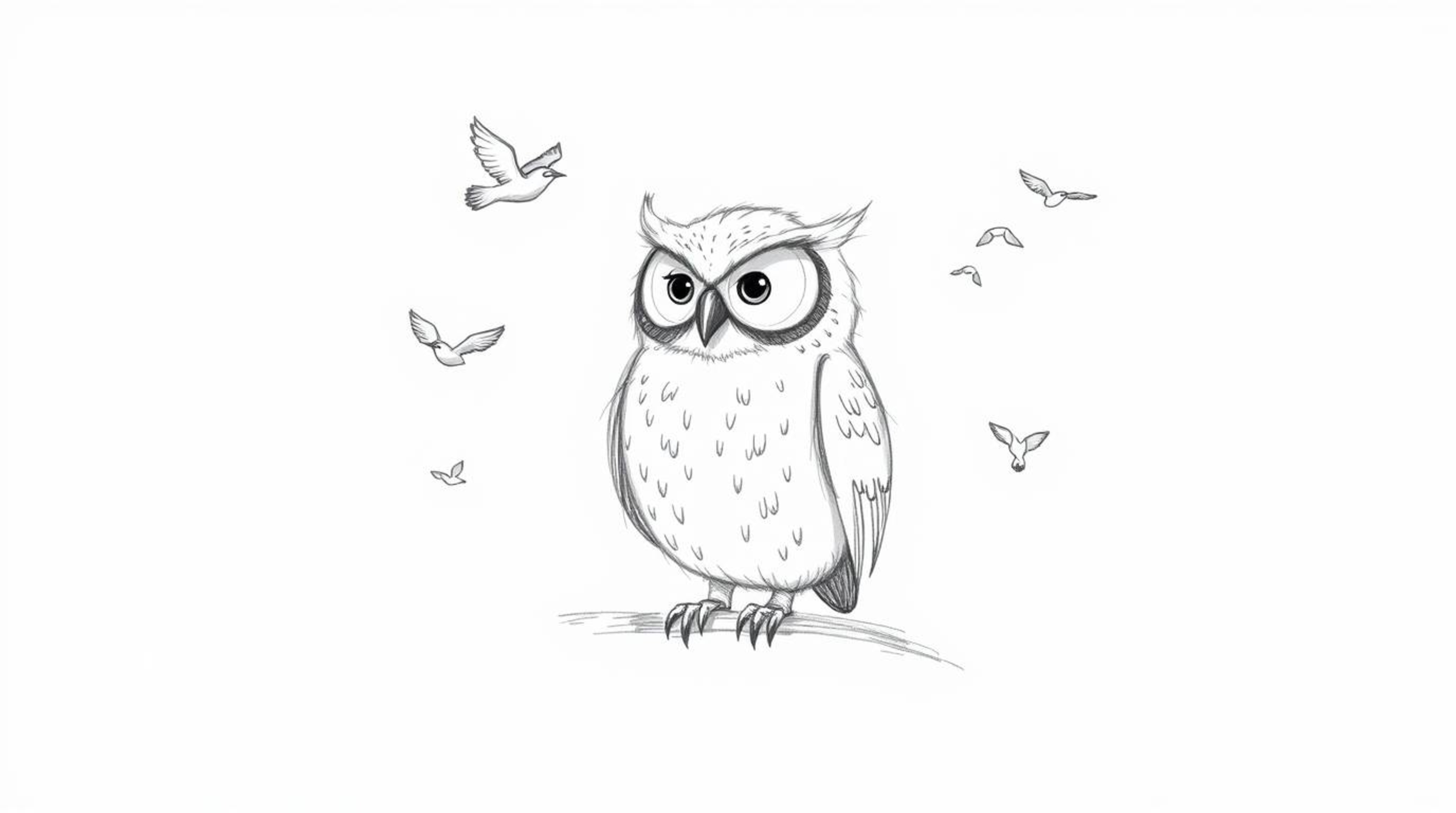 A hand-drawn sketch reminiscent of Pixar artistry showcases a serene blind owl with delicate, feathery textures. Perched calm
