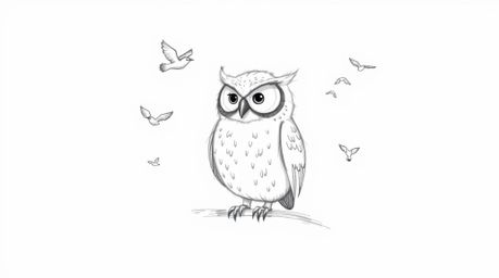A hand-drawn sketch reminiscent of Pixar artistry showcases a serene blind owl with delicate, feathery textures. Perched calm