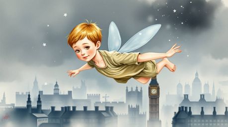 A delicate watercolor painting capturing the whimsical scene of a young boy with fair skin and soft features soaring above a 
