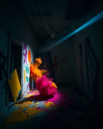 Imagine a room erupting with vibrant colors in a chaotic explosion of paint, captured in a moody and artistic style.  A brigh