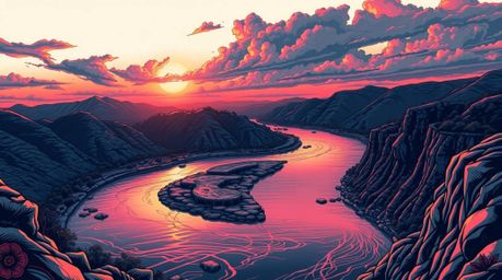 This collection features traditional tattoo-style art prints showcasing a winding river aglow beneath a dramatic orange-pink 