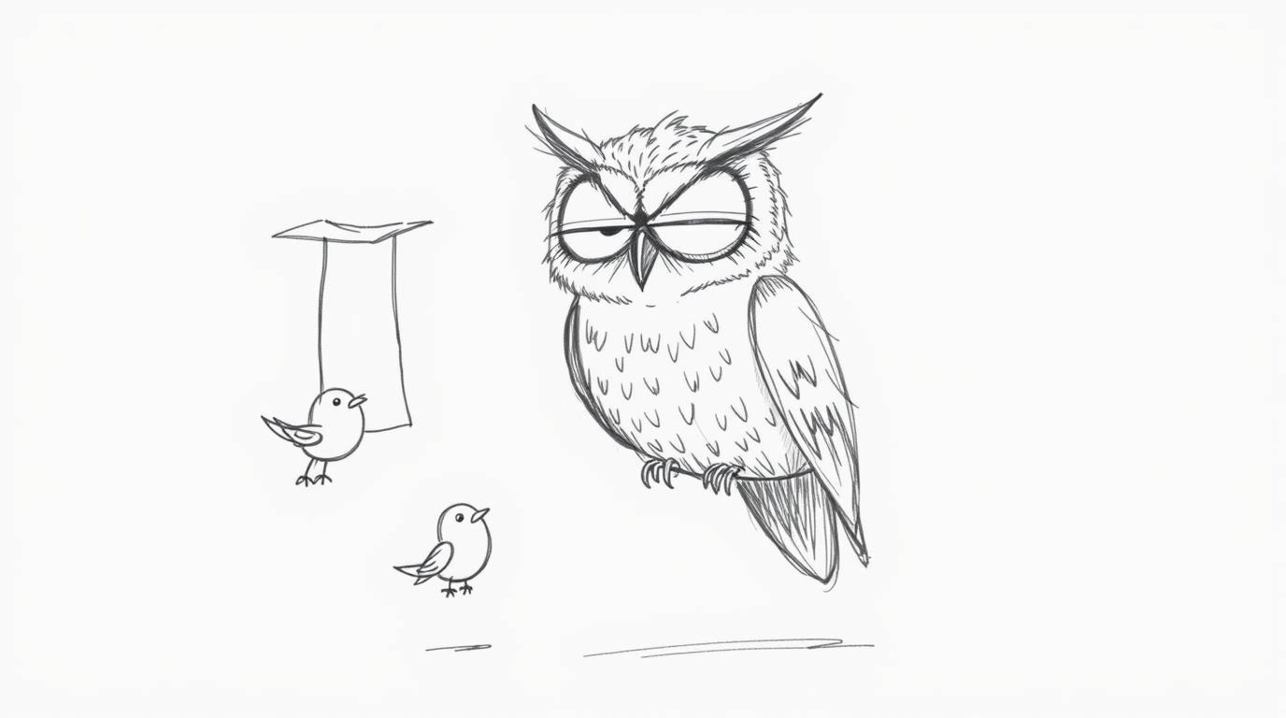 A charming, hand-drawn sketch in the style of Pixar depicts a blind owl with expressive, slightly wrinkled features. He's usi