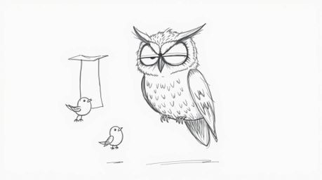 A charming, hand-drawn sketch in the style of Pixar depicts a blind owl with expressive, slightly wrinkled features. He's usi