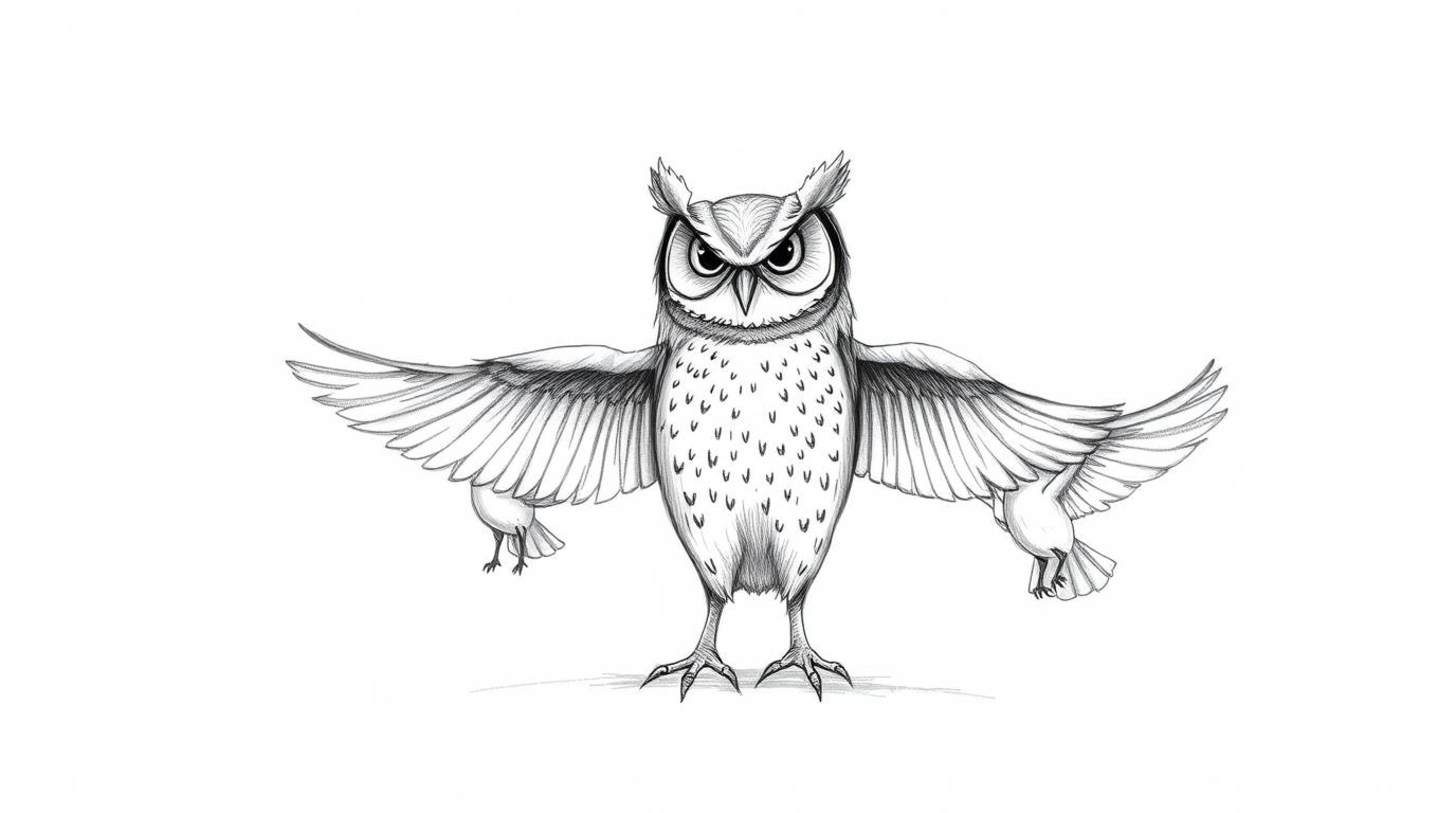 A captivating hand-drawn sketch depicts a blind owl with subtly textured plumage, passionately teaching birds to fly in perfe