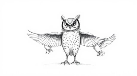 A captivating hand-drawn sketch depicts a blind owl with subtly textured plumage, passionately teaching birds to fly in perfe