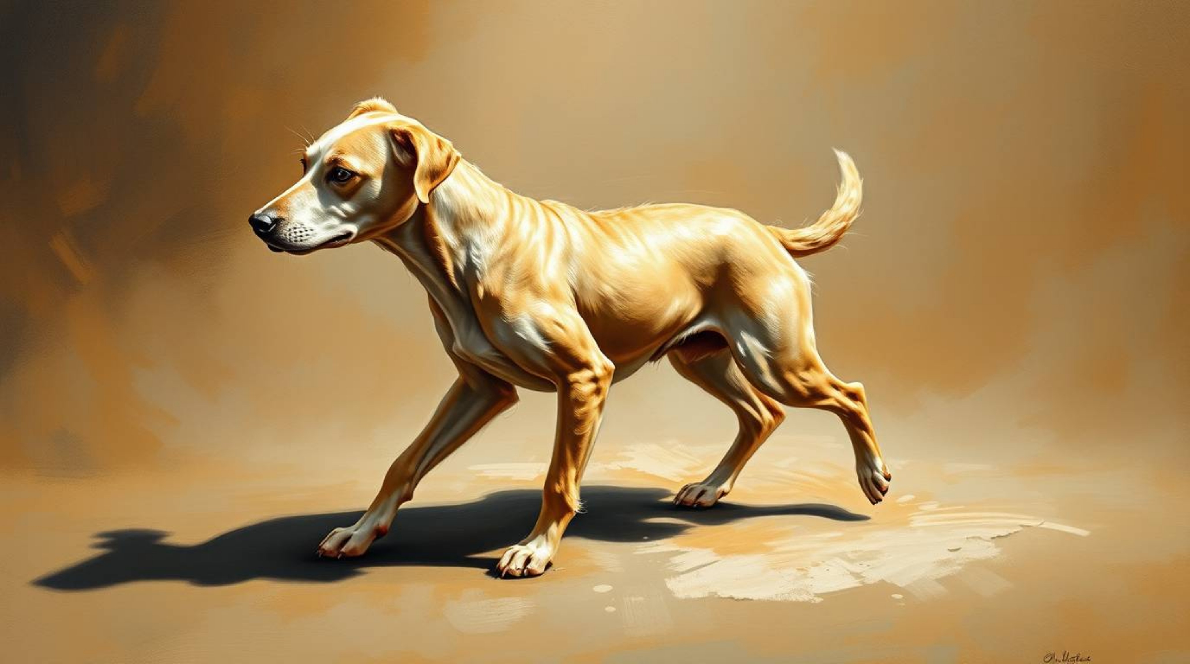 A classic oil painting depicts a futuristic dog gracefully walking itself in space. The artwork emphasizes rich textures and 